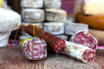 dry sausage on a wooden board