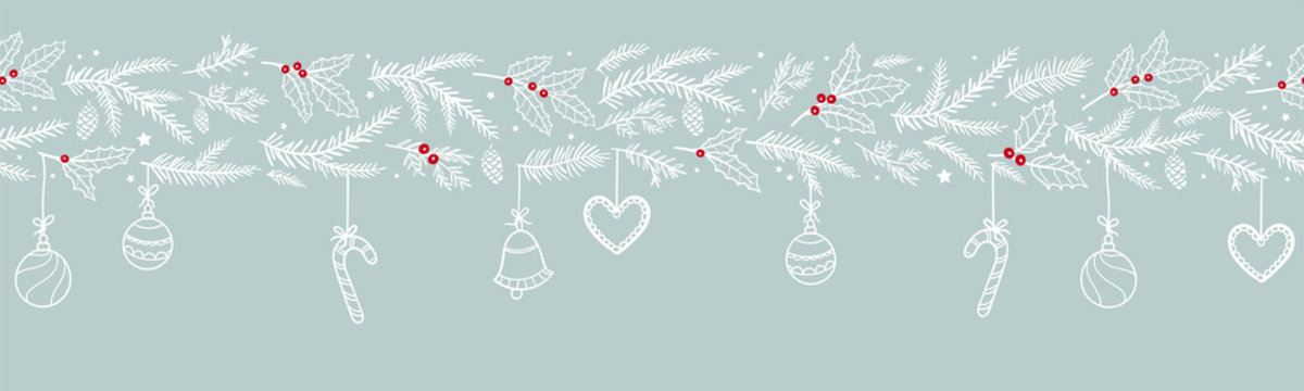 Fototapeta Cute hand drawn Christmas seamless garland, horizontal banner with branches and decoration. Great for card, banners, wallpaper - vector design