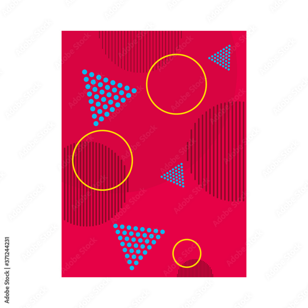 Poster red background with tirangular and circular shapes, colorful design