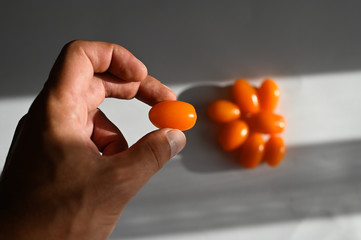 small tomatoes in hand in sunlight