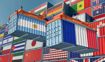 Freight containers with Argentina and France flag. 3D Rendering 