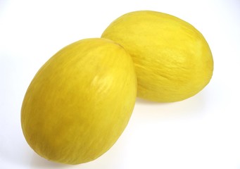 Yellow Spanish Melon, cucumis melo, Fruits against White Background