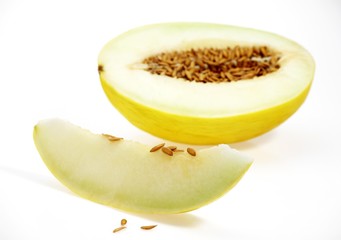 Yellow Spanish Melon, cucumis melo, Fruit against White Background