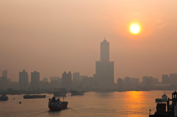 Sunrise landscape in the port of Kaohsiung, Taiwan.