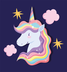 unicorn rainbow hair horn clouds stars adorable fantasy cartoon © Stockgiu