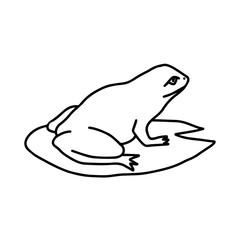 Hand-drawn black vector illustration of one frog sitting on a water lily leaf on a white background
