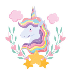 unicorn with rainbow hair stars clouds floral decoration fantasy cartoon