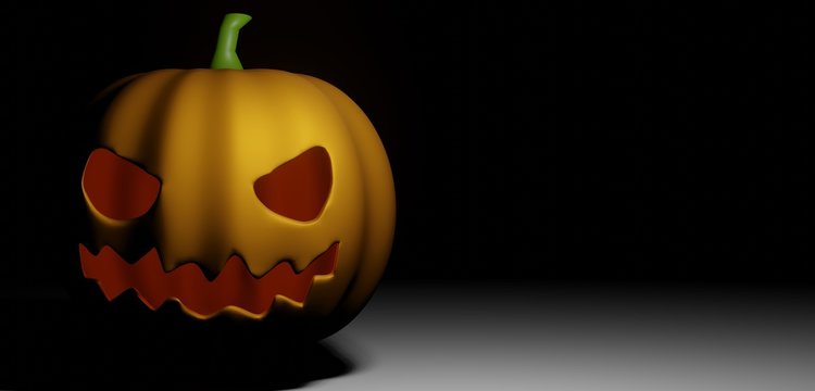 Halloween pumpkin 3d rendering illustration. Empty space for text. Glowing candle inside of pumpkin.