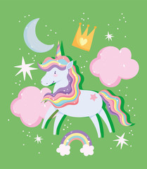 unicorn with rainbow mane and tail crown clouds stars bright fantasy cartoon