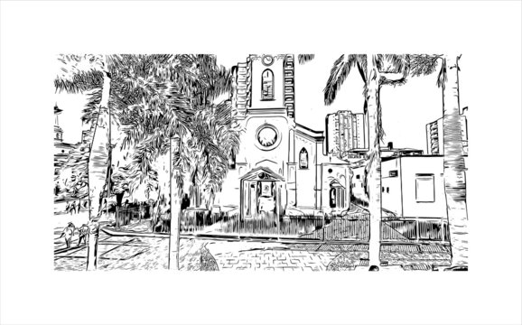 recommend clip art: Building view with landmark of Americana is a municipality located in the Brazilian state of Sao Paulo. Hand drawn sketch illustration in vector.