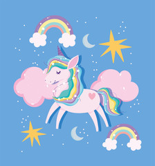 unicorn rainbow mane tail clouds stars moon magic fantasy cartoon © Stockgiu