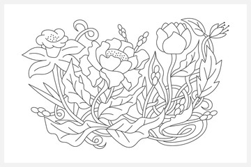 Coloring page book doodle poppy, tulip, peony, daffodil with leaf, grass. Outline hand drawing flower isolated on white. Sketch vector stock illustration. EPS 10