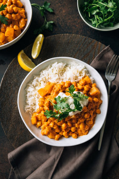 Creamy vegan chickpea curry with basmati rice