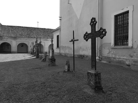 Roman catholic sanctuary. Artistic look in black and white.