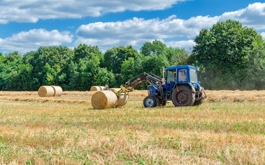 Fototapeta na wymiar straw in round bales and a tractor in the field