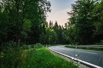 Fototapeta premium Long Curvy Forest Road In Alpine Mountains