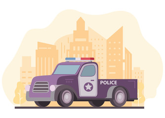 Obraz premium Police pickup truck. City skyline with skyscrapers. Patrol emergency vehicle. Flat modern vector illustration. Isolated on white background.