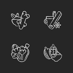 Fototapeta premium Cooking spices chalk white icons set on black background. Mulled hot wine ingredients. Aromatic flavoring. Cinnamon and ginger. Clove buds. Isolated vector chalkboard illustrations