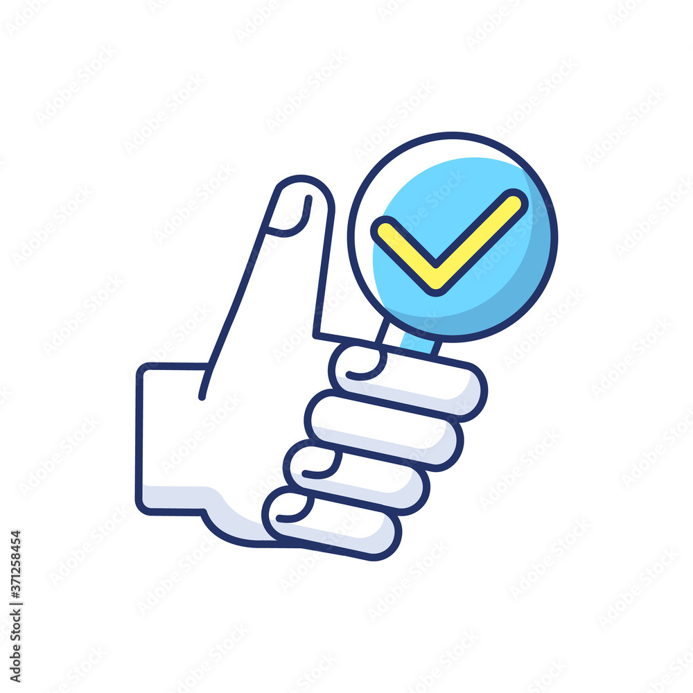 Poster complete research rgb color icon. thumbs up with magnifying glass. vote for right answer. accept and