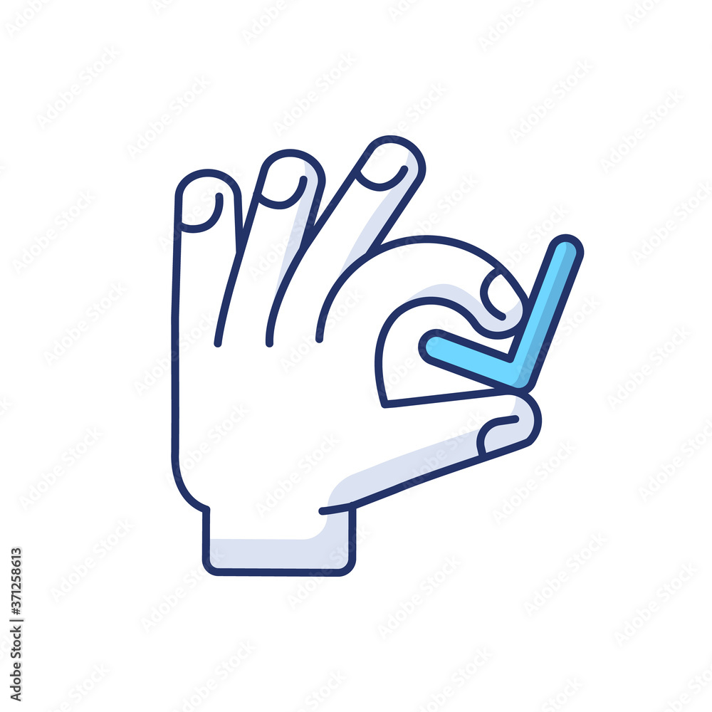 Poster hand with checkmark rgb color icon. select option. quality rating. customer approval. right answer. 