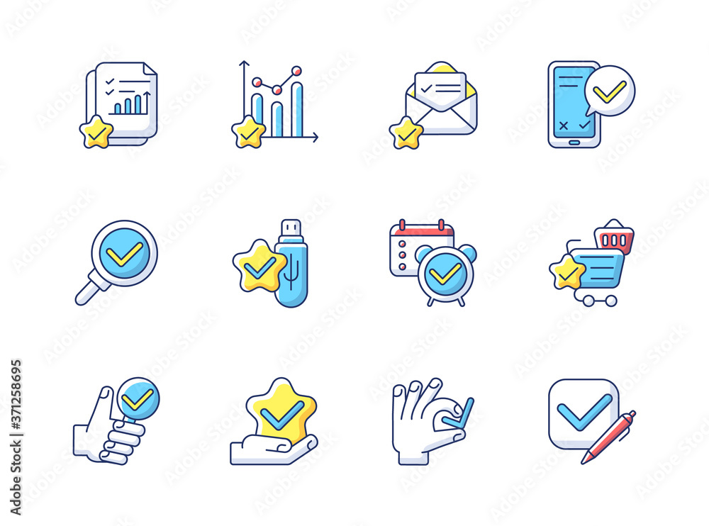 Poster checkmark rgb color icons set. successful marketing research. right answer. task done. mark in check