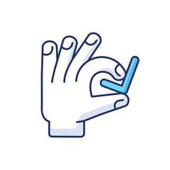 Hand with checkmark RGB color icon. Select option. Quality rating. Customer approval. Right answer. Confirmation tag. Client satisfaction. Arm with check mark. Isolated vector illustration