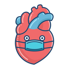 kawaii human heart wearing face mask cartoon illustration