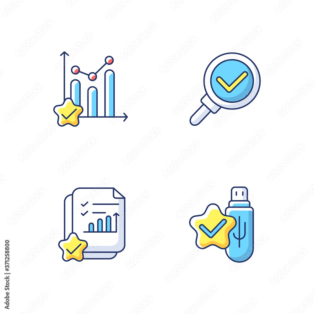 Poster data research chemarks rgb color icons set. information confirmation in accounting document. survey 