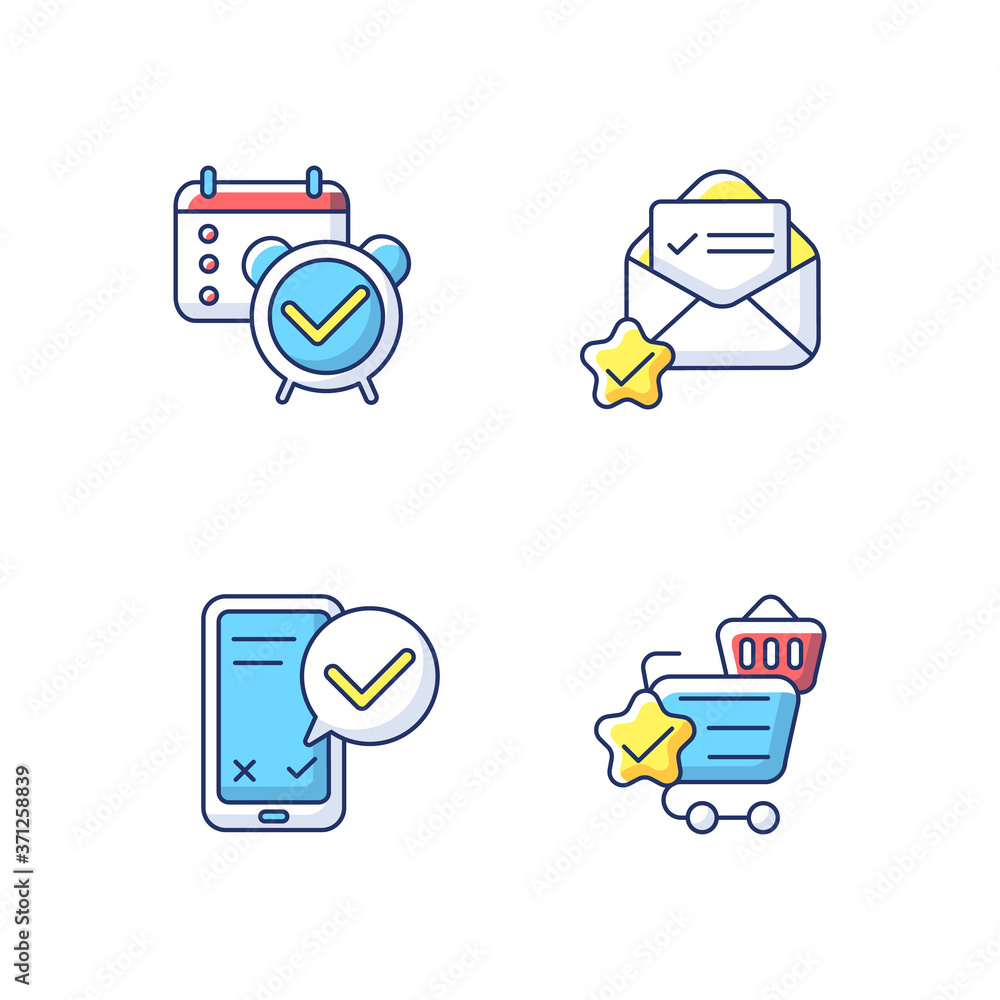 Poster service quality marks rgb color icons set. reminder and organizer notification. email check. smartph