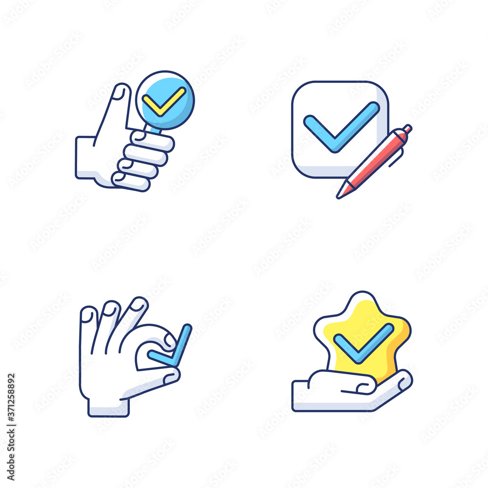 Poster review checkmark rgb color icons set. questionnaire evaluation. tick in checkbox. star quality. inve