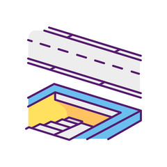 Underground pedestrian walkway RGB color icon. Safe pedestrian crosswalk. Underground tunnels. Modern city infrastructure. Disabled people accessible facilities. Isolated vector illustration