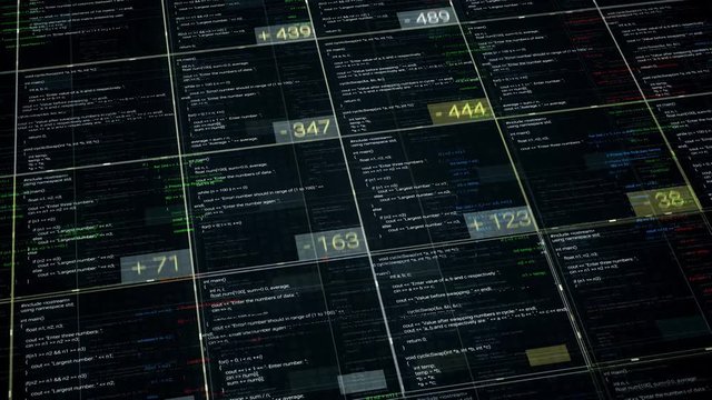 Computer codes in cells with numbers on black background. Animation. Lot of changing data in cells of table with deductions of numbers. Business table with digital data