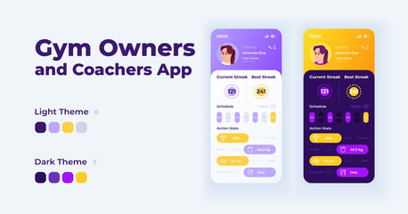 Gym owners and coachers app cartoon smartphone interface vector templates set. Mobile app screen page day and night modes design. Gym member UI for application. Phone display with flat illustrations