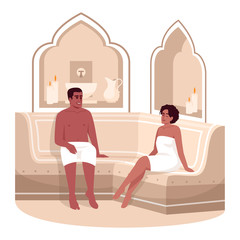 Sauna semi flat RGB color vector illustration. Spa treatment for man and woman in towels. Resort hotel. Boyfriend and girlfriend in bathhouse isolated cartoon character on white background