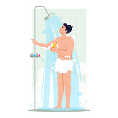 Man taking shower semi flat RGB color vector illustration. Male cleaning in bathroom. Personal hygiene. Daily body care routine. Naked guy isolated cartoon character on white background