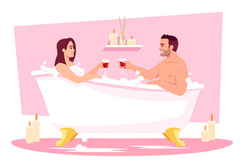 Couple in bathtub semi flat RGB color vector illustration. Romantic date at home. Wife and husband in tub with wine. Boyfriend and girlfriend isolated cartoon characters on pink background