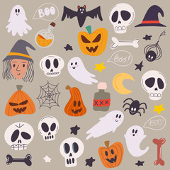 Happy halloween concept. Set of halloween attributes. Beautiful illustrations of a terrible and frightening holiday. Doodle drawing vector illustration of halloween attributes.