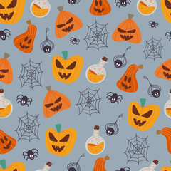 Happy halloween concept. Seamless pattern of pumpkins. Beautiful illustrations of a terrible and frightening holiday. Doodle drawing vector illustration of halloween attributes.