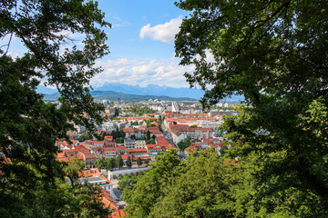 A view through the trees from the view point on Ljubljana Castle, Slovenia