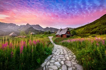 Wall murals Light Pink Beautiful summer sunrise in the mountains - Hala Gasienicowa in Poland - Tatras