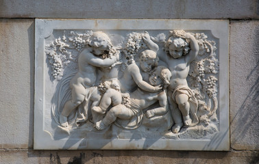 Beautiful park with marble statues in Peles castle, Sinaia, Romania