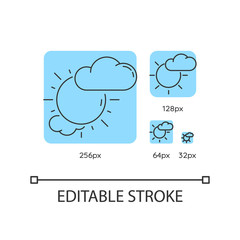 Partly cloudy turquoise linear icons set. Daytime weather forecast. Shiny sun with clouds. Thin line customizable 256, 128, 64 and 32 px vector illustrations. Contour symbols. Editable stroke