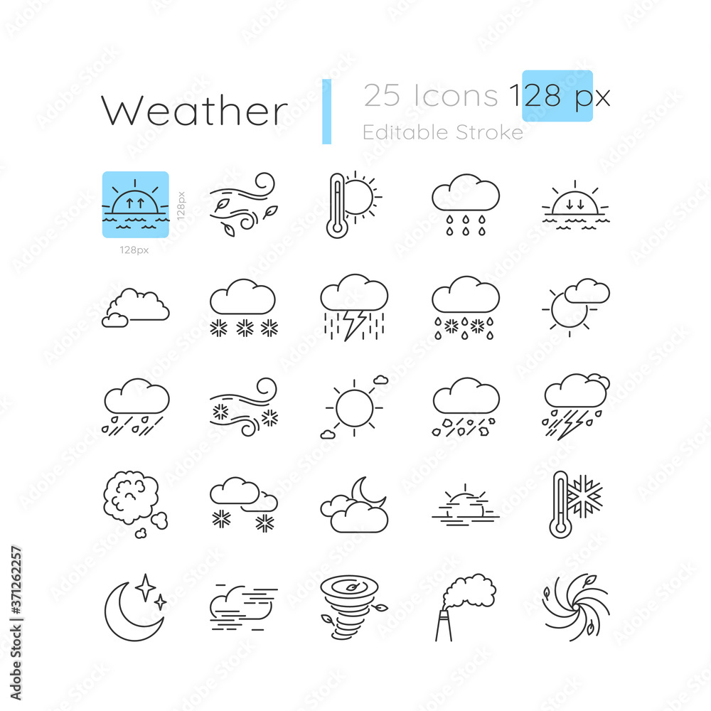 Poster weather forecast linear icons set. sunny day. rainy storm. snowflake from cloud. customizable thin l