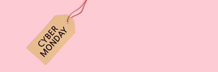 Tag with inscription Cyber Monday on a pink background. Banner template with place for your design.