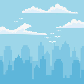 cityscape urban towers flying birds clouds sky background