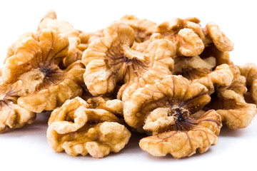 Close-up of delicious walnuts on the white background