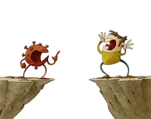 illustration of a man who has escaped the coronavirus and is making fun of him from the other end of the cliff. isolated