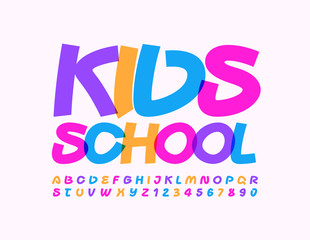 Vector creative emblem Kids School. Bright handwritten Font. Colorful Alphabet Letters and Numbers