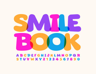 Vector funny emblem Smile Book. Colorful comic Font. Bright cartoon Alphabet Letters and Numbers