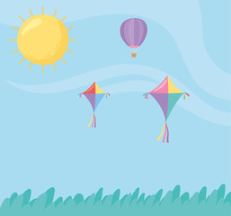Fototapeta na wymiar sky flying kites hot air balloon sun meadow cartoon